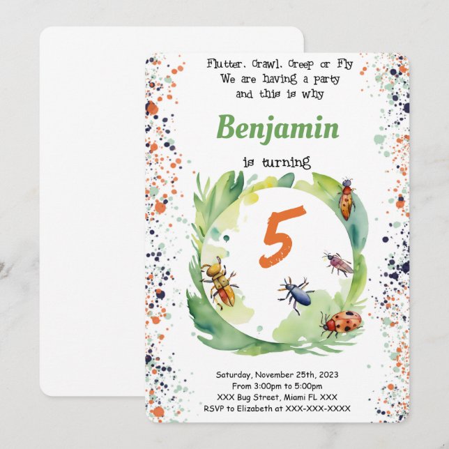 Invitation Fête d'anniversaire de bogues modifiables (Devant / Derrière)