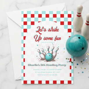 Invitation Fête d'anniversaire de bowling à damier rétro pour
