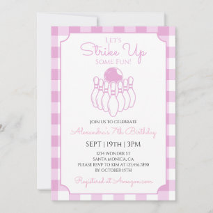 Invitation Fête d'anniversaire de bowling au vichy rose