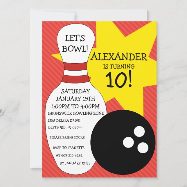Invitation Fête d'anniversaire de bowling de coup de bowling (Devant)