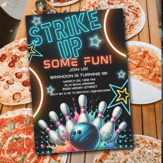Invitation Fête d'anniversaire de bowling néon amusante (Créateur téléchargé)