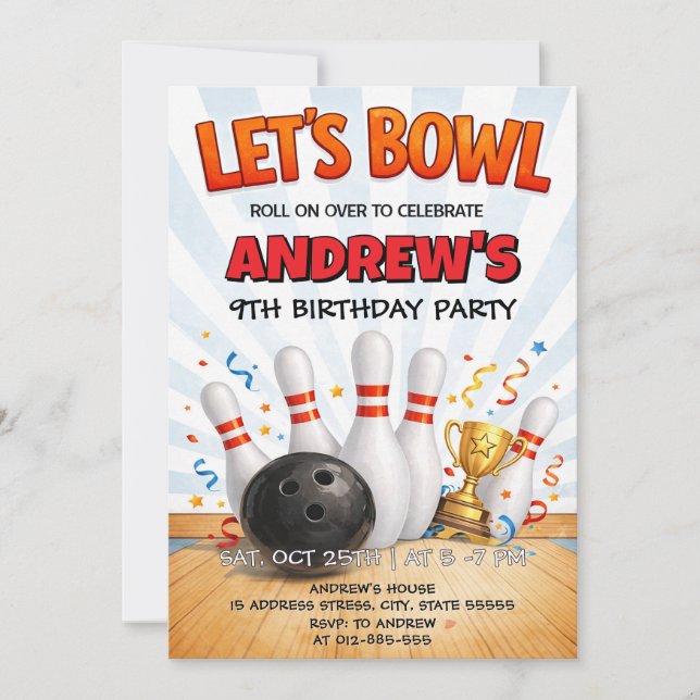 Invitation Fête d'anniversaire de bowling personnalisée (Devant)