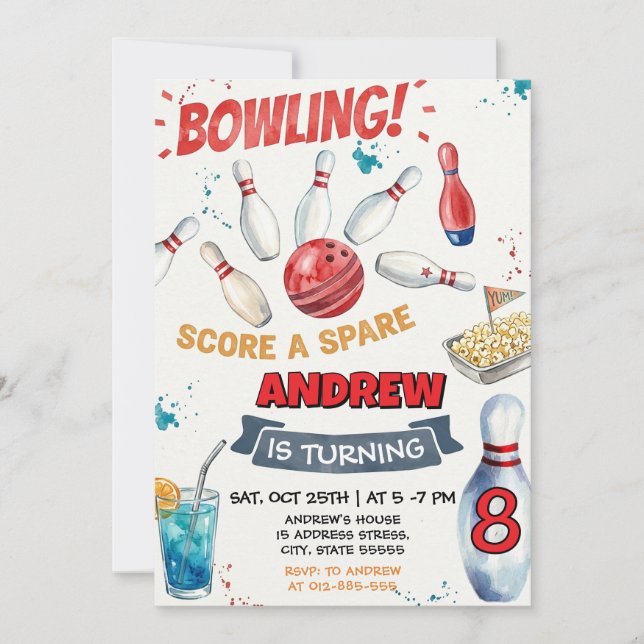 Invitation Fête d'anniversaire de bowling personnalisée pour  (Devant)