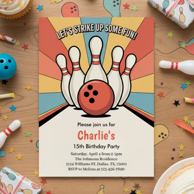 Invitation Fête d'anniversaire de bowling pour enfants rétro (Créateur téléchargé)