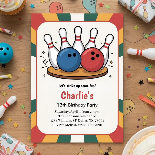Invitation Fête d'anniversaire de bowling pour enfants rétro (Créateur téléchargé)