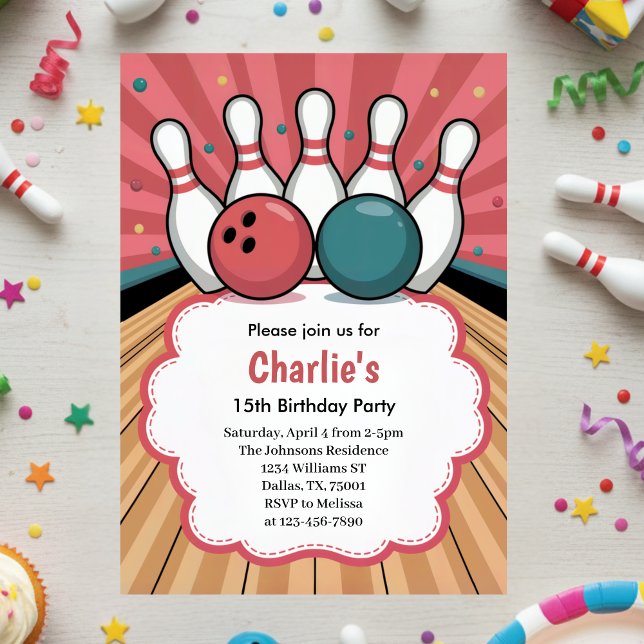 Invitation Fête d'anniversaire de bowling pour filles rétro  (Créateur téléchargé)