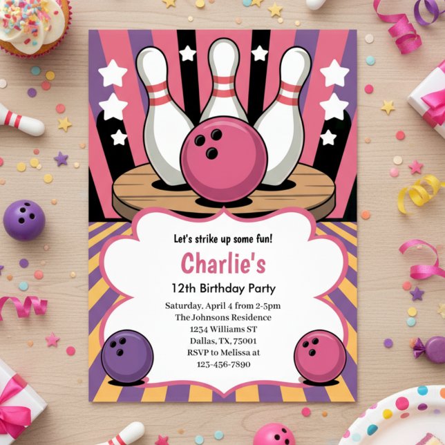 Invitation Fête d'anniversaire de bowling pour filles rétro r (Créateur téléchargé)