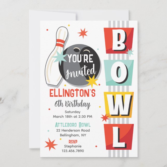 Invitation Fête d'anniversaire de bowling rétro (Devant)
