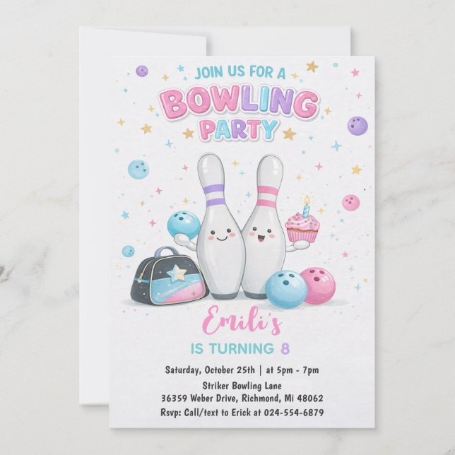 Invitation Fête d'anniversaire de bowling rose personnalisée (Devant)