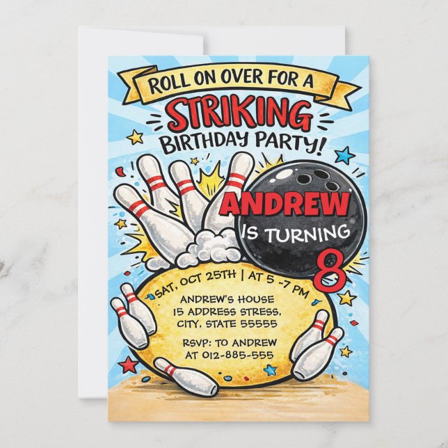 Invitation Fête d'anniversaire de bowling sur mesure pour enf (Devant)