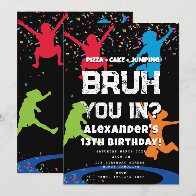 Invitation Fête d'anniversaire de Bruh Boy Adolescent sautant (Devant / Derrière)