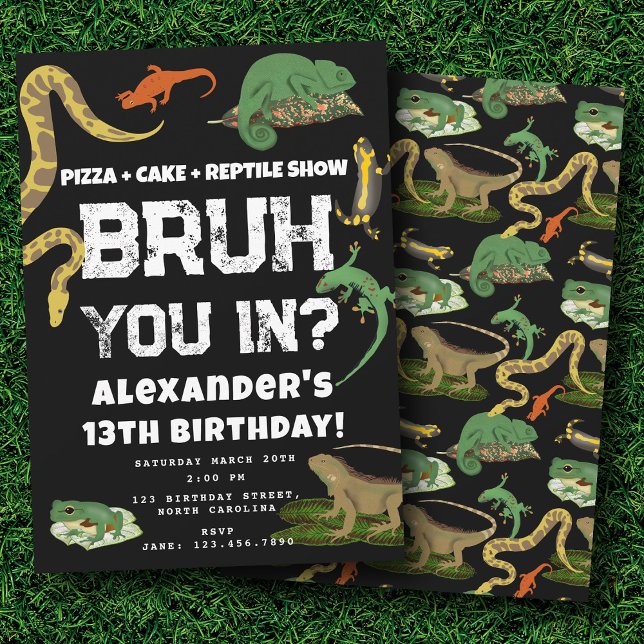Invitation Fête d'anniversaire de Bruh Boy Affichage de repti (Bruh Boy's Birthday Party Teenager Reptile Show Invitation)