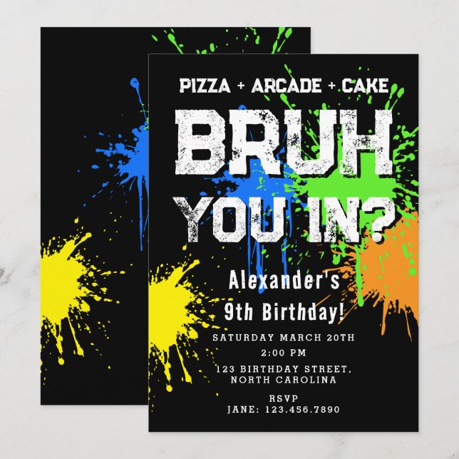 Invitation Fête d'anniversaire de Bruh Boy Néon Graffiti Adol (Devant / Derrière)