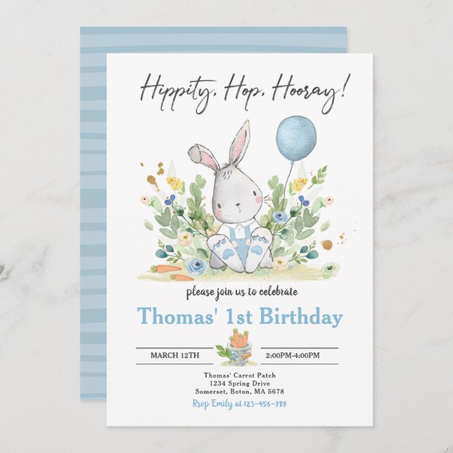 Invitation Fête d'anniversaire de Bunny Bleu Bunny Anniversai (Devant / Derrière)