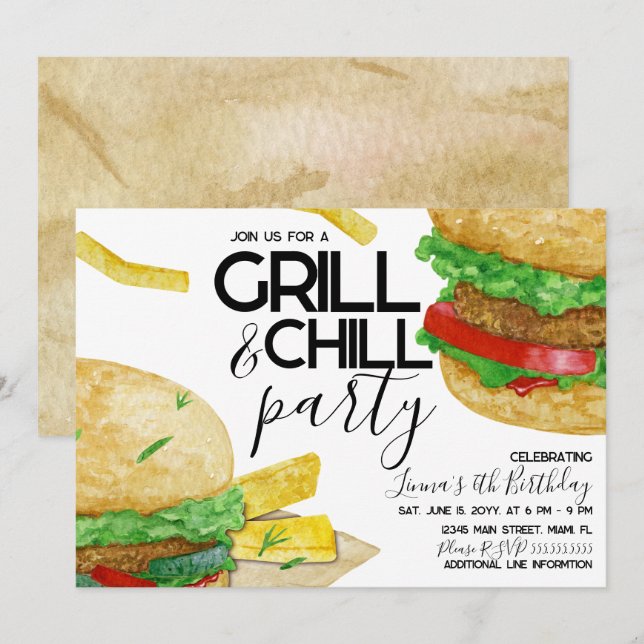 Invitation Fête d'anniversaire de burger de grillades à l'aqu (Devant / Derrière)