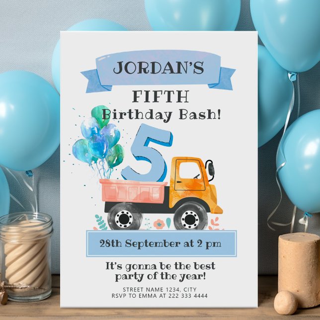 Invitation Fête d'anniversaire de camion d'aquarelle avec bal (Créateur téléchargé)