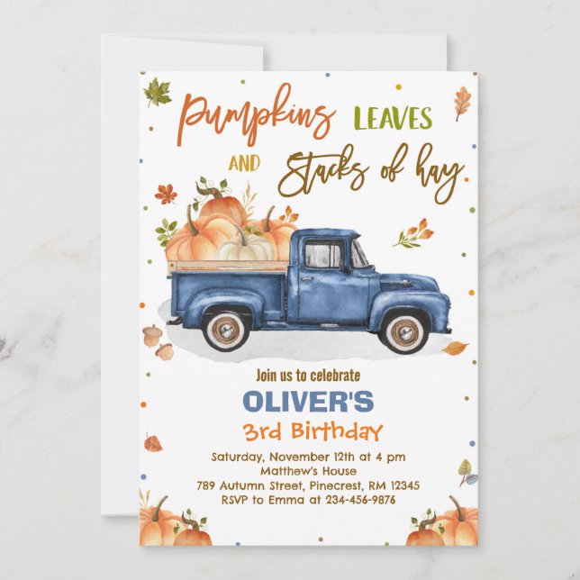 Invitation Fête d'anniversaire de camion de citrouille d'auto (Devant)