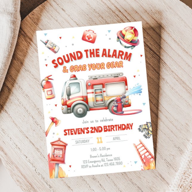 Invitation Fête d'anniversaire de camion de pompiers  (Fire Truck Birthday Party Invitation)