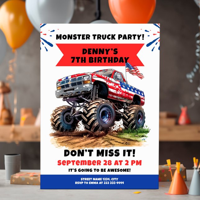 Invitation Fête d'anniversaire de camion monster avec audacie (Créateur téléchargé)