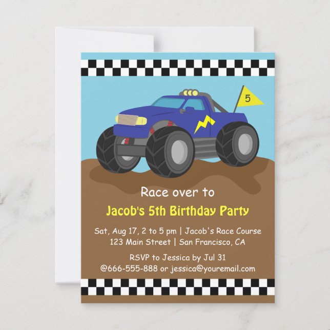 Invitation Fête d'anniversaire de camion monstre bleu Cool (Devant)
