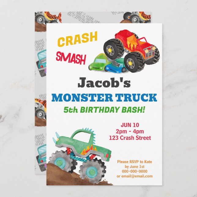 Invitation Fête d'anniversaire de camion monstre Crash Smash  (Devant / Derrière)