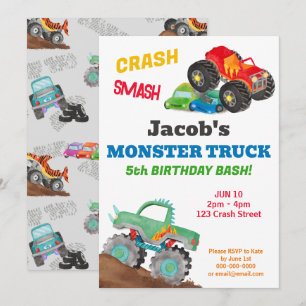Invitation Fête d'anniversaire de camion monstre Crash Smash 