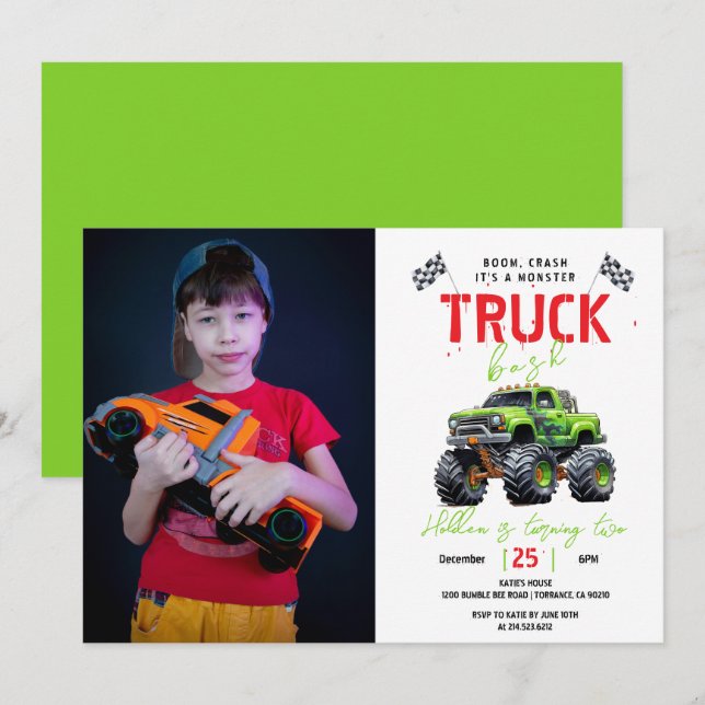 Invitation Fête d'anniversaire de camion monstre pour enfants (Devant / Derrière)