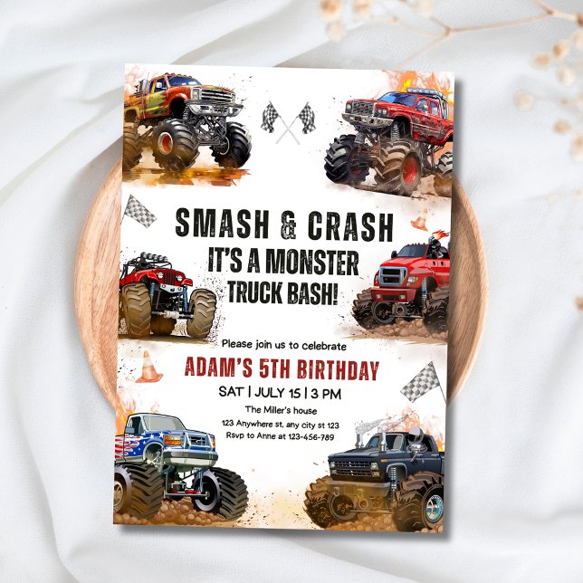 Invitation Fête d'anniversaire de camion monstre Smash Crash  (Créateur téléchargé)