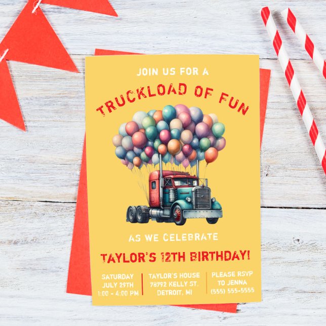 Invitation Fête d'anniversaire de camion semi-remorque, charg (Créateur téléchargé)