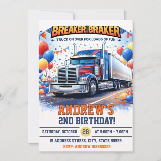 Invitation Fête d'anniversaire de camions semi-remorques géan (Devant)