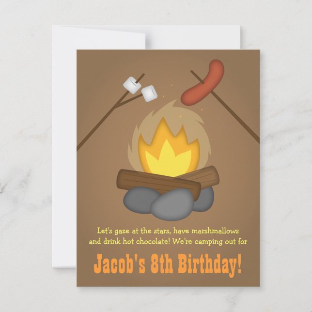 Invitation Fête d'anniversaire de camping au feu de joie (Devant)