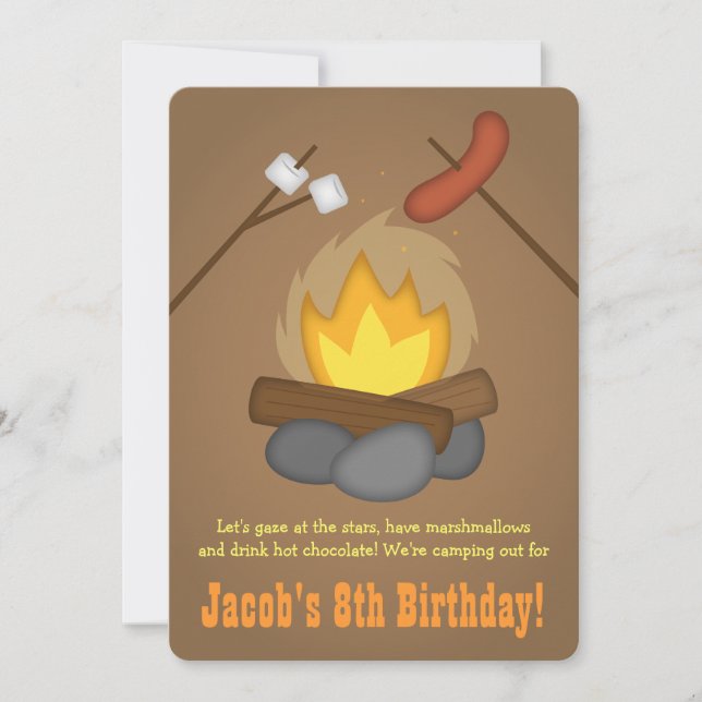 Invitation Fête d'anniversaire de camping autour d'un feu de  (Devant)