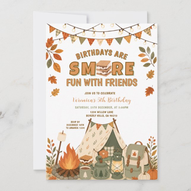 Invitation Fête d'anniversaire de camping avec des amis S'mor (Devant)