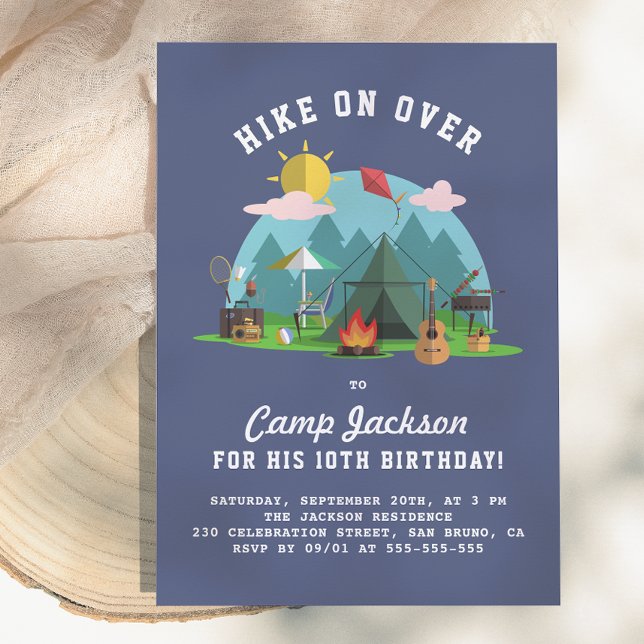 Invitation Fête d'anniversaire de camping bleu marine moderne (Créateur téléchargé)