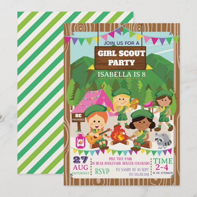 Invitation Fête d'anniversaire de camping des Girl Scouts  (Devant / Derrière)