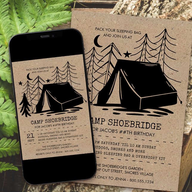 Invitation Fête d'anniversaire de camping doodle rustique (Créateur téléchargé)