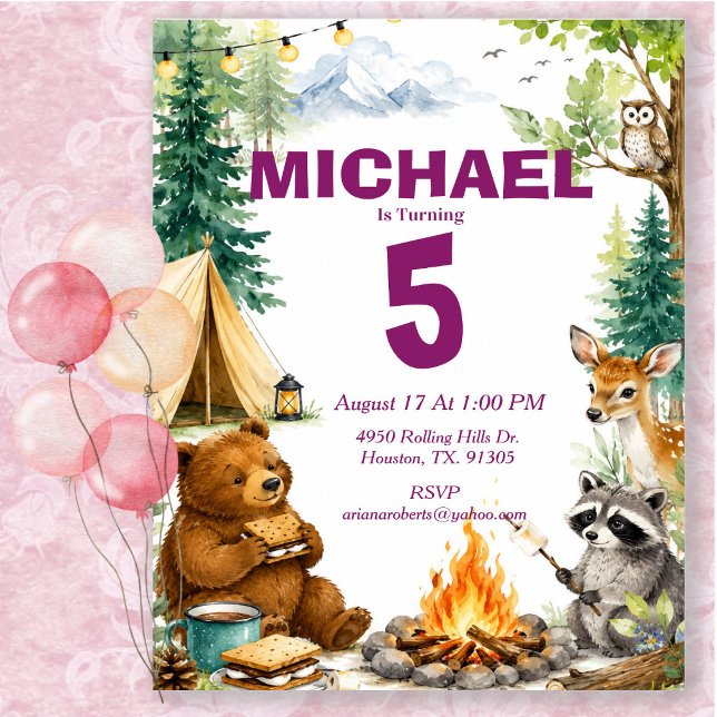 Invitation Fête d'anniversaire de camping en forêt (Créateur téléchargé)