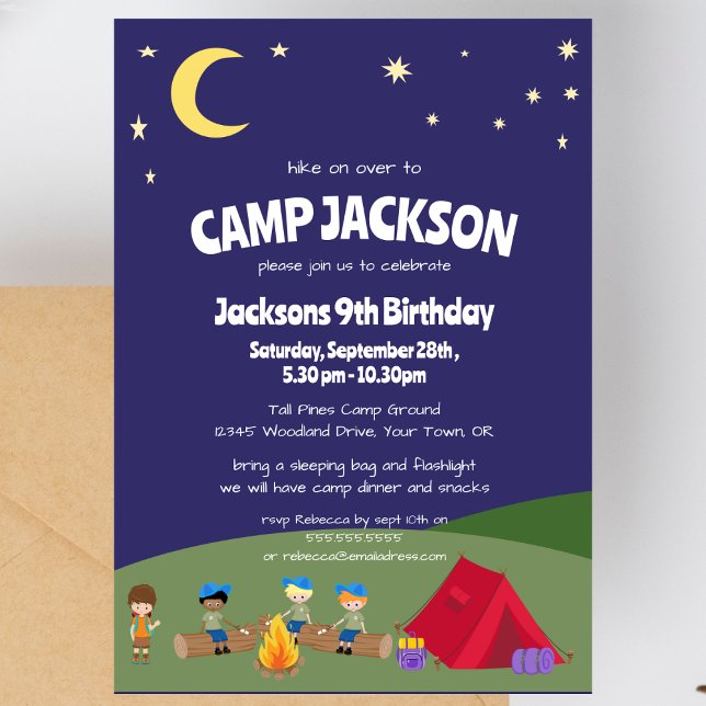 Invitation  Fête d'anniversaire de camping Nuit étoilée Bleu  (Créateur téléchargé)