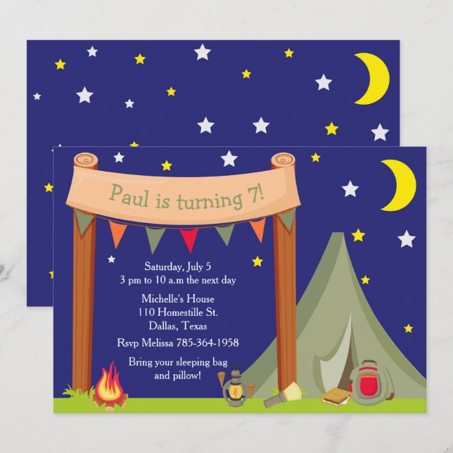 Invitation Fête d'anniversaire de camping nuitée Vert Kaki (Devant / Derrière)