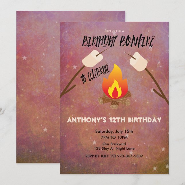 Invitation Fête d'anniversaire de Campout de feu (Devant / Derrière)