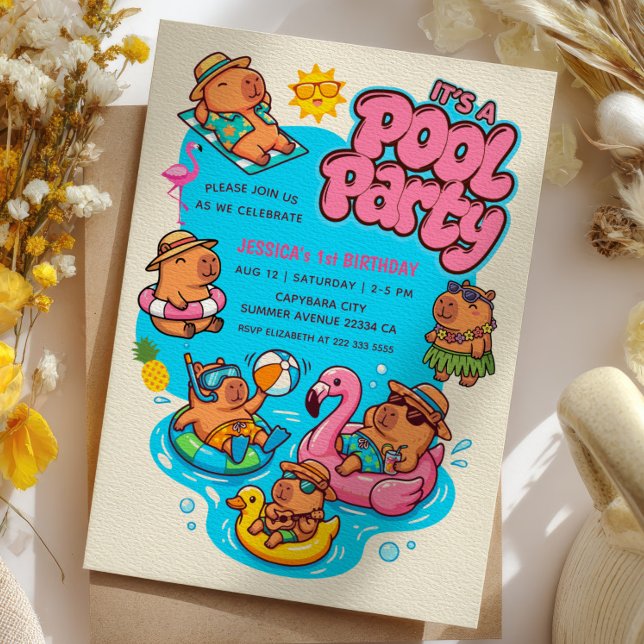 Invitation Fête d'anniversaire de Capybara Piscine Été Vif 1e (Créateur téléchargé)