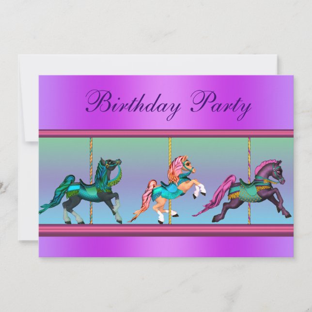 Invitation Fête d'anniversaire de carrousel de poney rose et  (Devant)