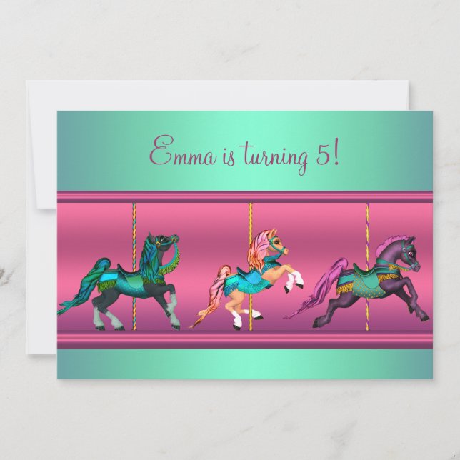 Invitation Fête d'anniversaire de carrousel de poney rose et  (Devant)