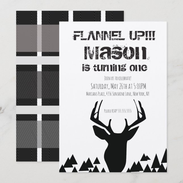 Invitation Fête d'anniversaire de cerf de plaid de flanelle (Devant / Derrière)