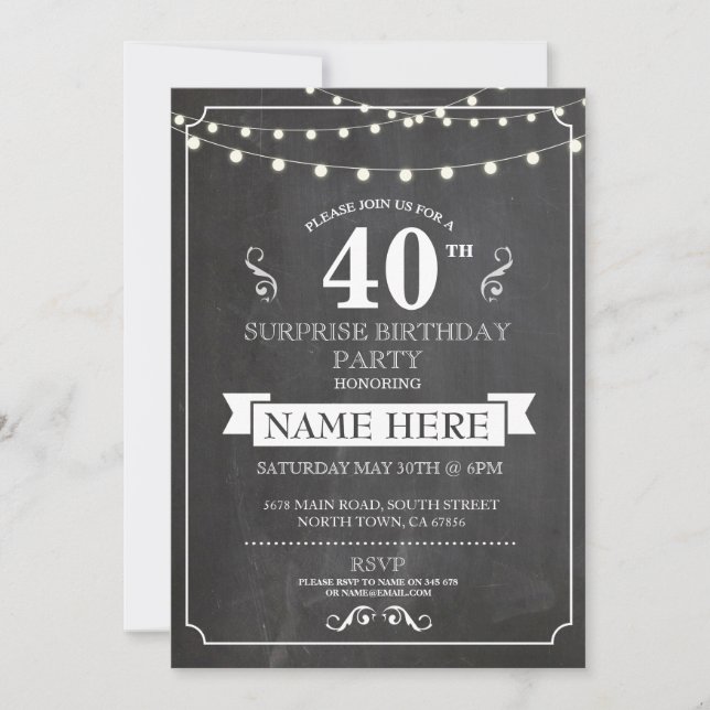 Invitation Fête d'anniversaire de Chalkboard Surprise 40e Inv (Devant)