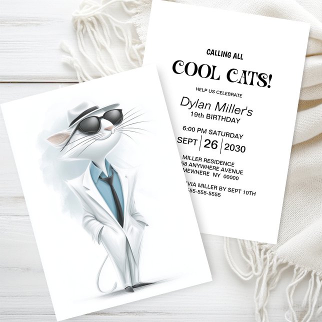 Invitation Fête d'anniversaire de chat blanc cool (Créateur téléchargé)