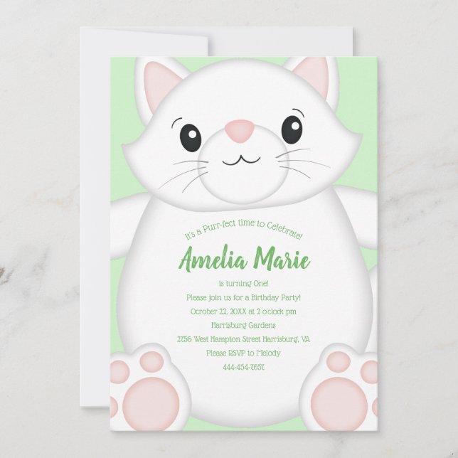Invitation Fête d'anniversaire de chat Kitty Vert (Devant)
