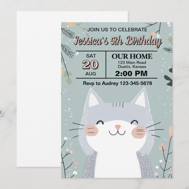 Invitation Fête d'anniversaire de chat mignon et câlin (Devant / Derrière)