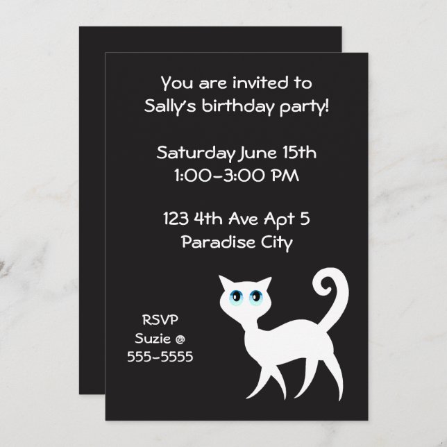 Invitation Fête d'anniversaire de Chat noir et blanc (Devant / Derrière)