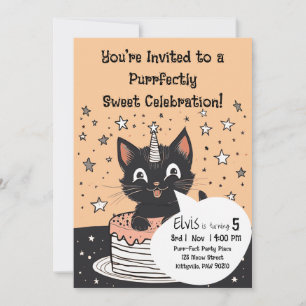Invitation Fête d'anniversaire de chat noir étoiles gâteau ro